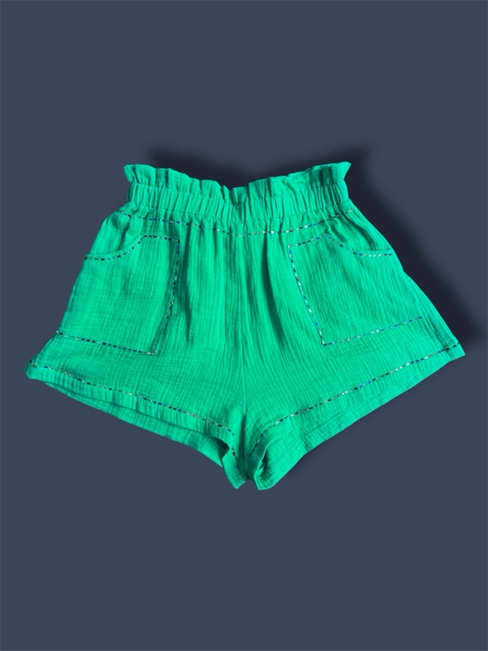 Queen Of Sparkles Green Gauze Shorts Small Square Multicolor Jewels Trim